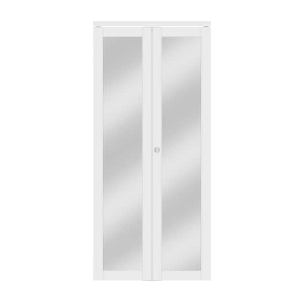 32 in. x 80 in. 1-Lite Mirrored Glass and Solid Core White Finished MDF Interior Closet Bi-Fold Door with Hardware