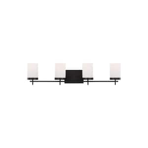Zire 34 in. 4-Light Midnight Black Bathroom Vanity Light with Etched White Glass Shades