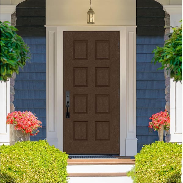Regency 36 in. x 80 in. 8-Panel LHOS Hickory Stain Mahogany Fiberglass Prehung Front Door
