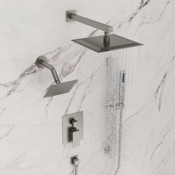 3-Spray 10 and 6 in. Wall Mount Dual Shower Heads and Handheld Shower Head in Brushed Nickel (Valve Included)