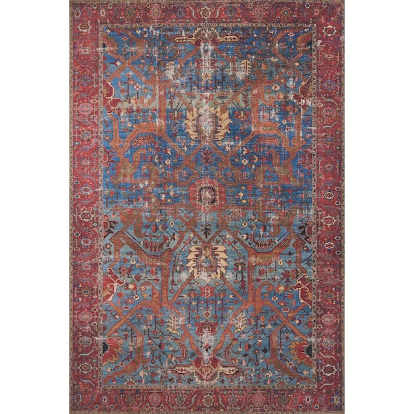 LOLOI II Loren Blue/Red 3 ft. 6 in. x 5 ft. 6 in. Distressed Bohemian Printed Area Rug