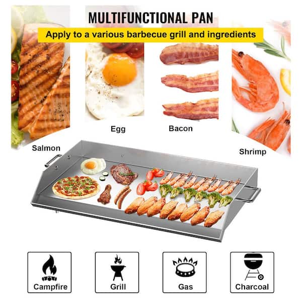 VEVOR Stainless Steel Griddle Flat Top, 14 x 32.3 Pan Griddle Flat Top  Plate for BBQ Charcoal/Gas Grill with 2 Handles, Rectangular Flat Top Grill  with Extra Drain Hole for Tailgating and