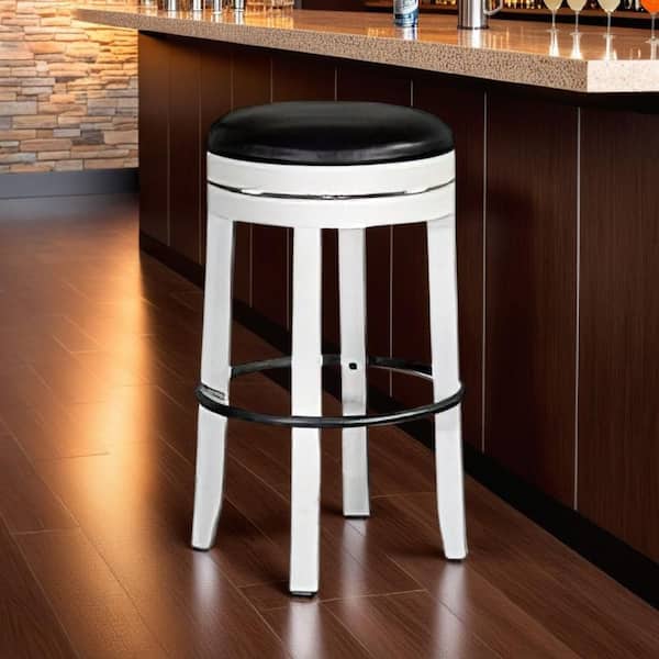 Benjara Orso Swivel White and Black Wood Frame Barstool Set Orso Swivel with Cushion (Set of 2)