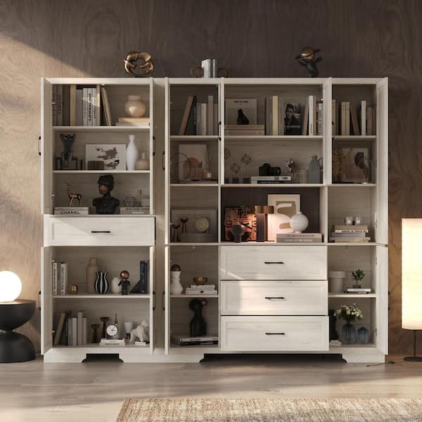 78.7 in. Tall Light Oak Wood 18-Shelf Modern Accent Bookcase with 4-Drawers and Cabinet Doors