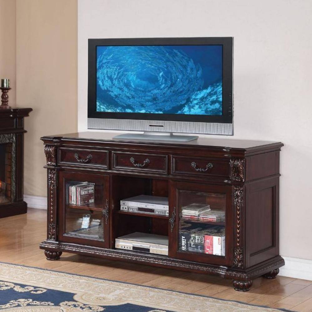 Cherry Finish Elegance 66" Wooden TV Stand with Glass Doors