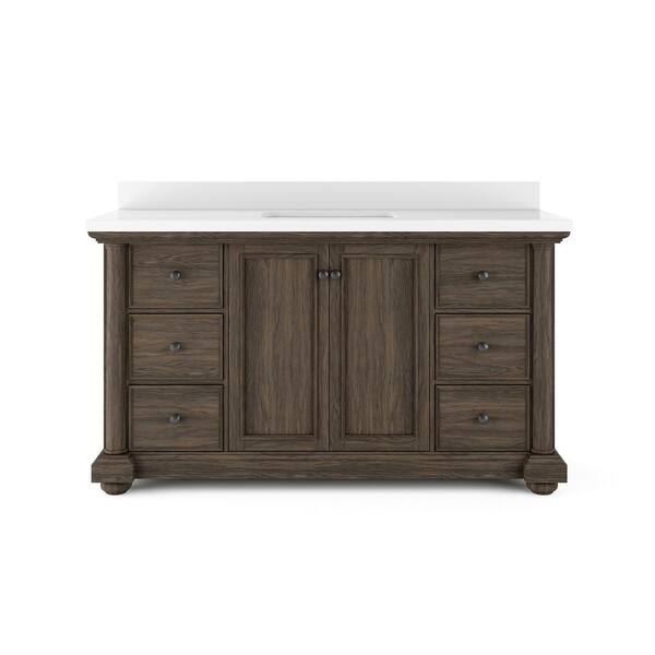 Thomasville Bradford 60 in. W x 20 in. D Bath Vanity in Walnut with Quartz Stone Vanity Top in White with White Basin