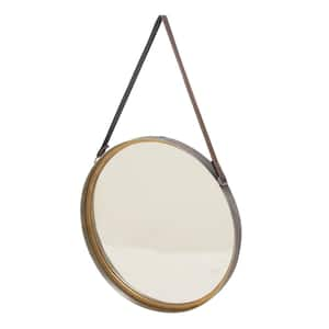 33 in. x 20 in. Round Framed Gold Wall Mirror with Leather Strap