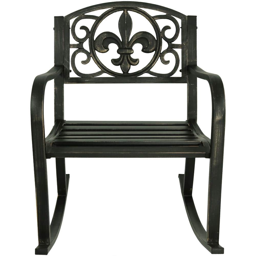 Black Cast Iron and Steel Fleur-de-Lis Outdoor Rocking Chair