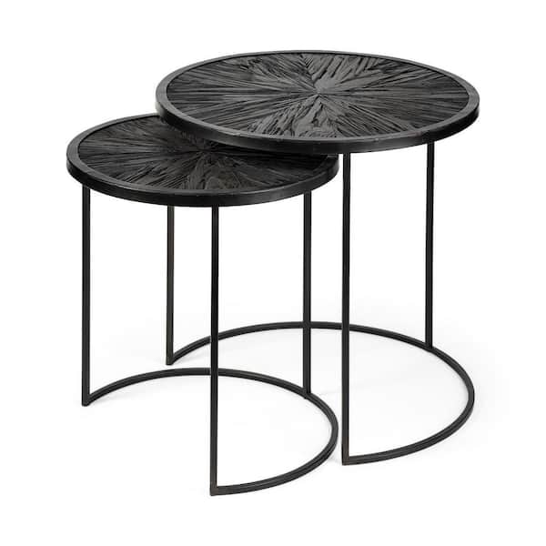 Chakra Round Dark Wood Top w/Black Frame Accent Tables - Set of 2
