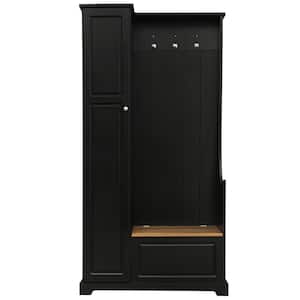 35.55 in. W x 15.24 in. D x 70.35 in. H Black Wood Linen Cabinet with Flip-Up Bench, Hooks and Adjustable Shelves