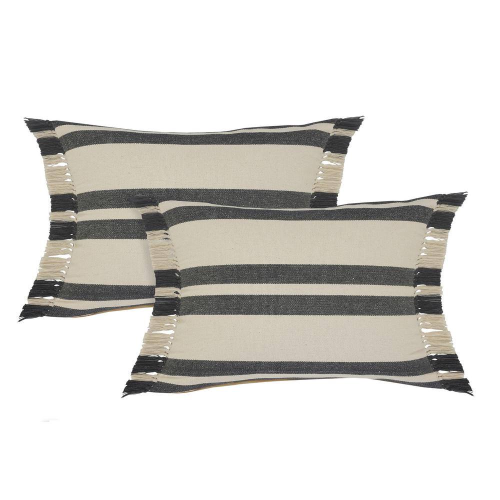 Elevate Charcoal / Ivory Striped Fringed 16 in. x 24 in. Indoor Throw Pillo