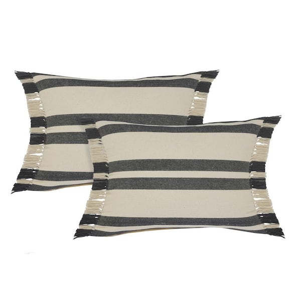 Unbranded Elevate Charcoal / Ivory Striped Fringed 16 in. x 24 in. Indoor Throw Pillow Set of 2