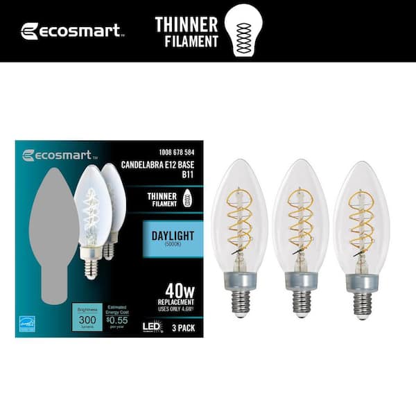 EcoSmart 40-Watt Equivalent B11 Dimmable E12 Candelabra Fine Bendy Filament LED Vintage Edison Light Bulb Daylight (3-Pack)