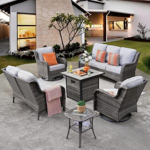Daydreamer Gray 6-Piece Wicker Patio Fire Pit Set with Gray Cushions and Swivel Rocking Chairs