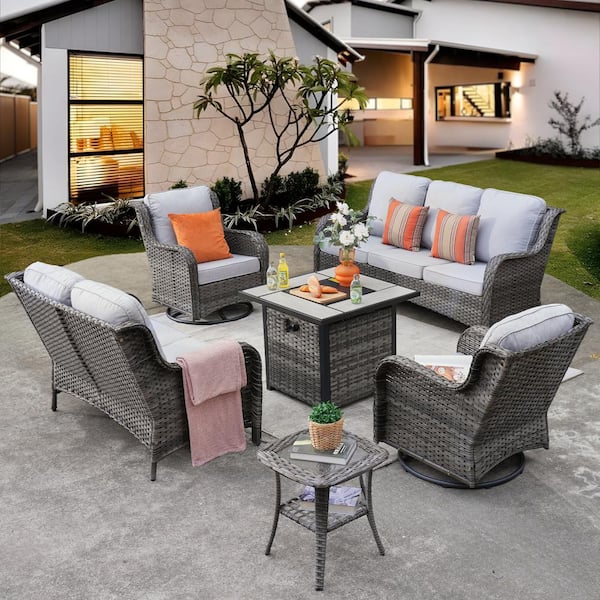 XIZZI Daydreamer Gray 6-Piece Wicker Patio Fire Pit Set with Gray Cushions and Swivel Rocking Chairs