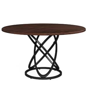 Halseey Modern Walnut Black Round Wood 47 in. Metal Pedestal Base Dining Table for 4, Circle