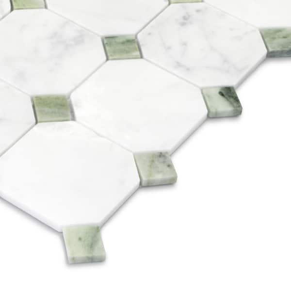 Octagon Carrara White and Green 11.5 in. x 11.5 in. Honed Natural Marble Floor and Wall Mosaic Tile (4.55 sq. ft. /Case)