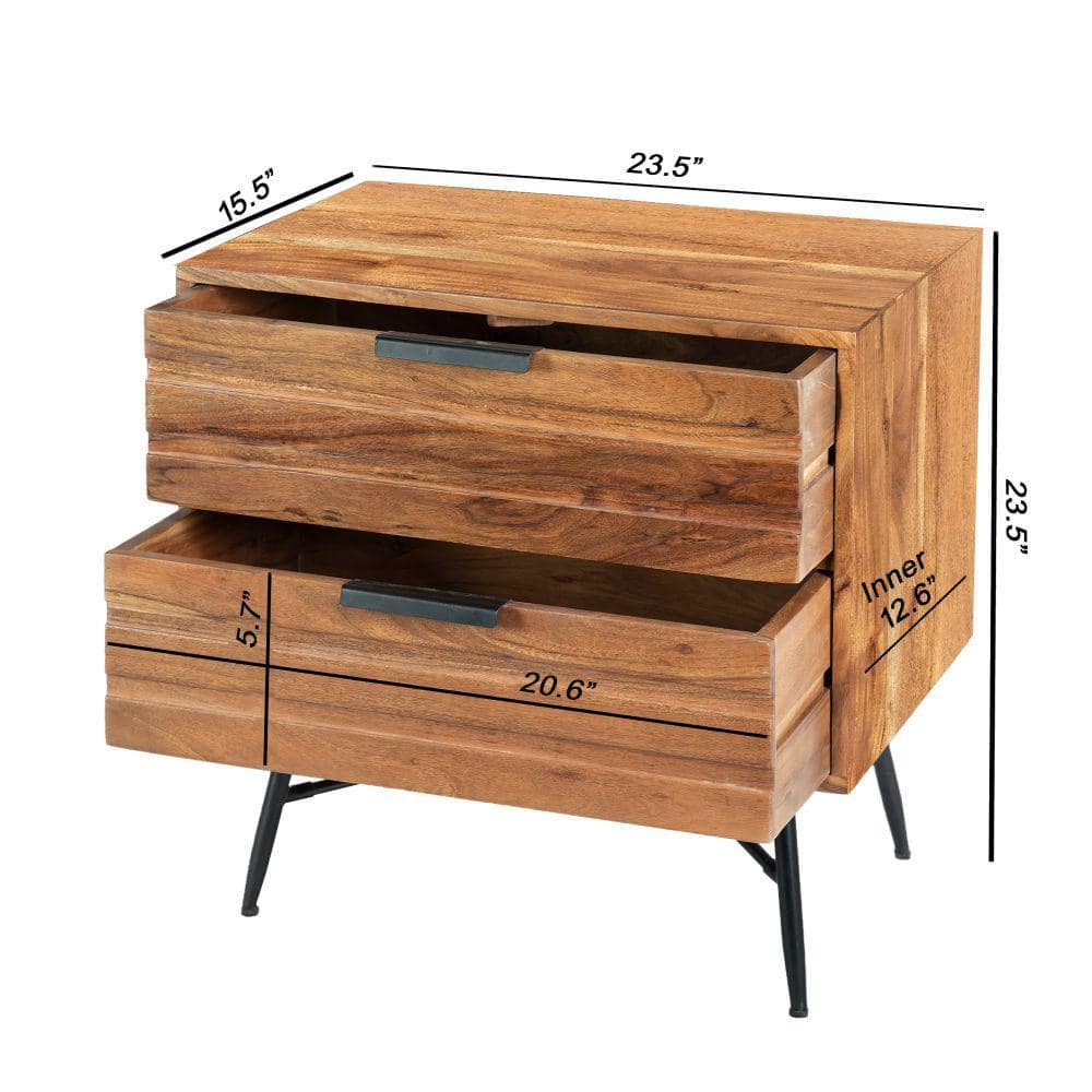 Luxury Acacia Wood 2-Drawer Nightstand with Metal Legs, Black and Brown