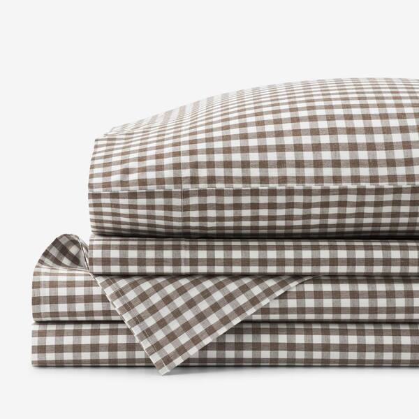The Company Store Company Cotton Gingham Yarn-Dyed Melange Brown Plaid Cotton Percale Queen Sheet Set