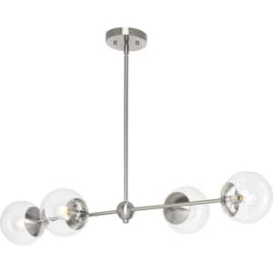 Atwell Collection 40 in. 4-Light Brushed Nickel Mid-Century Modern Island Light Chandelier with Clear Glass Shade