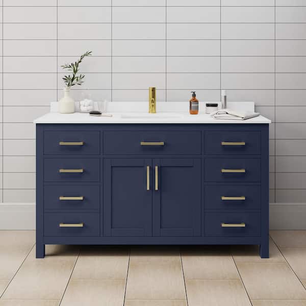 Wyndham Collection Beckett 60 in. W x 22 in. D Single Vanity in Dark Blue with Cultured Marble Vanity Top in White with White Basin