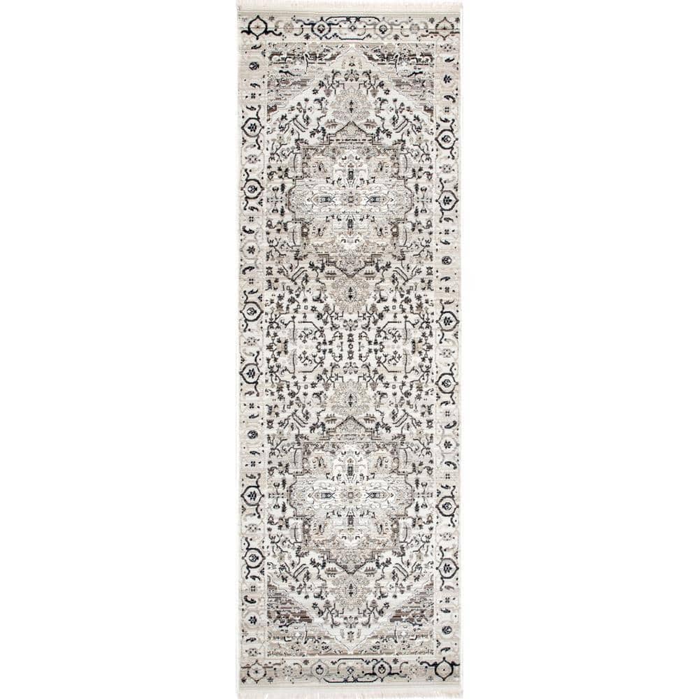 Beige Tufted Synthetic Medallion Runner Rug, 2'8" x 8'