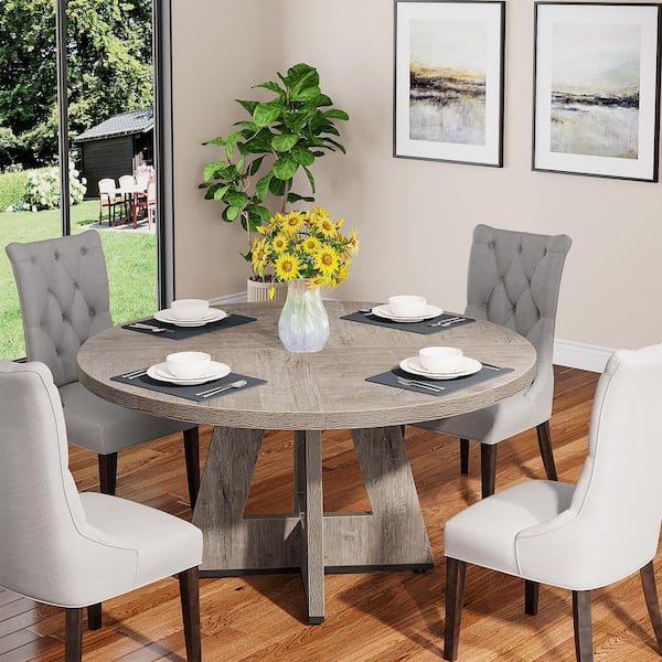 BYBLIGHT Roesler Farmhouse Gray Wood 47 in. 4 Legs Round Dining Table Small Kitchen Dining Table Seats 4 BB XK00468XHY