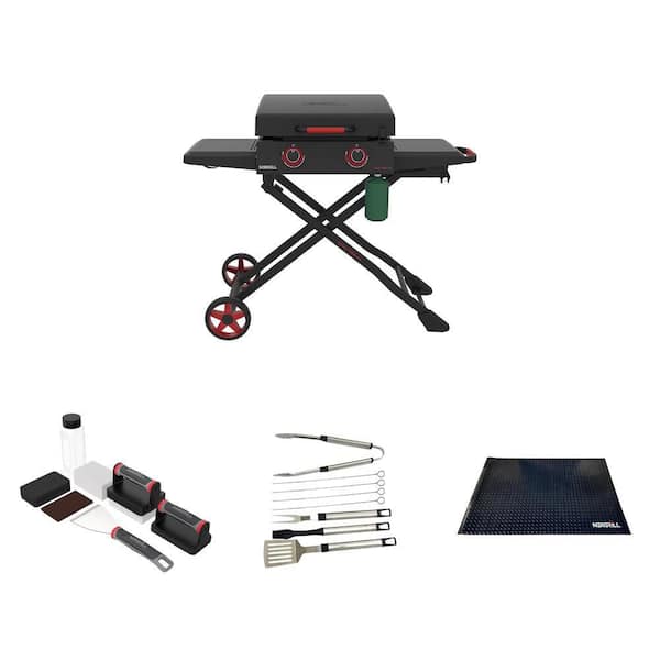 Daytona 2-Burner Propane Gas Grill with Flat Top Griddle, Cleaning Kit (12-Piece), Tool Set (8 Piece) and Grill Mat