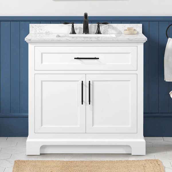 Doveton 36 in. Single Sink Freestanding White Bath Vanity with White Engineered Marble Top (Assembled)