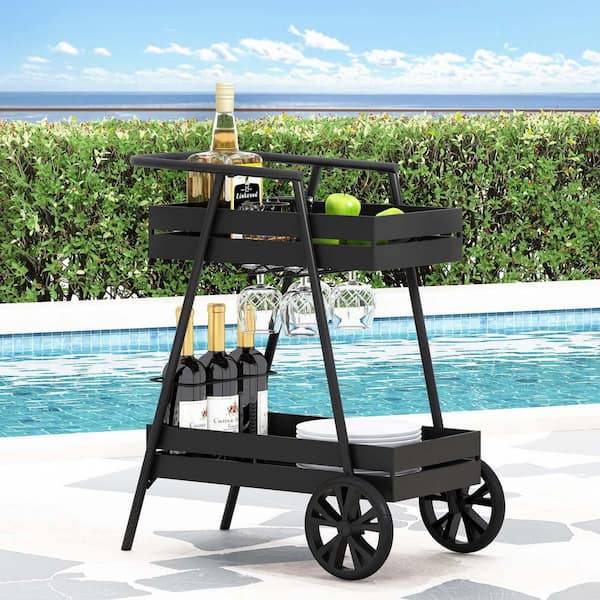 2-Tier Patio Serving Cart Bar Cart, Mobile Drink Beverage Cart, Rolling Kitchen Cart with Wine Holder and Glass Holder