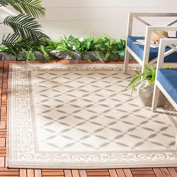 Courtyard Beige/Dark Gray 5 ft. x 8 ft. Border Indoor/Outdoor Patio  Area Rug
