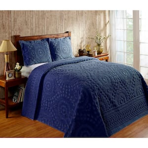 Rio 3-Piece 100% Cotton Tufted Navy King Floral Design Bedspread Coverlet Set