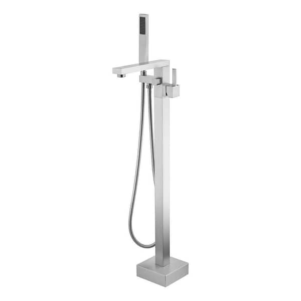 Single-Handle Freestanding Floor Mount Tub Faucet with Handheld Handshower in Brushed Nickel