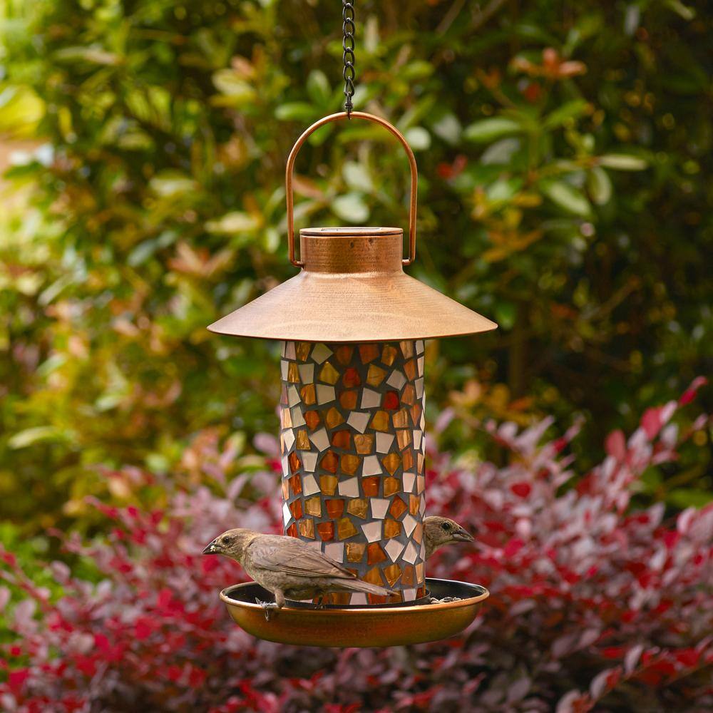 Adelie Mosaic Glass and Copper Hanging Solar Bird Feeder