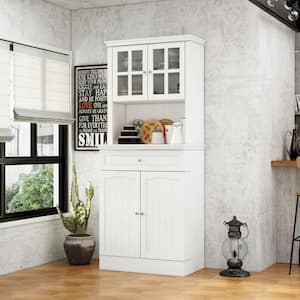 White Painted Food Pantry with Framed Glass Doors, Drawer, Adjustable Shelves