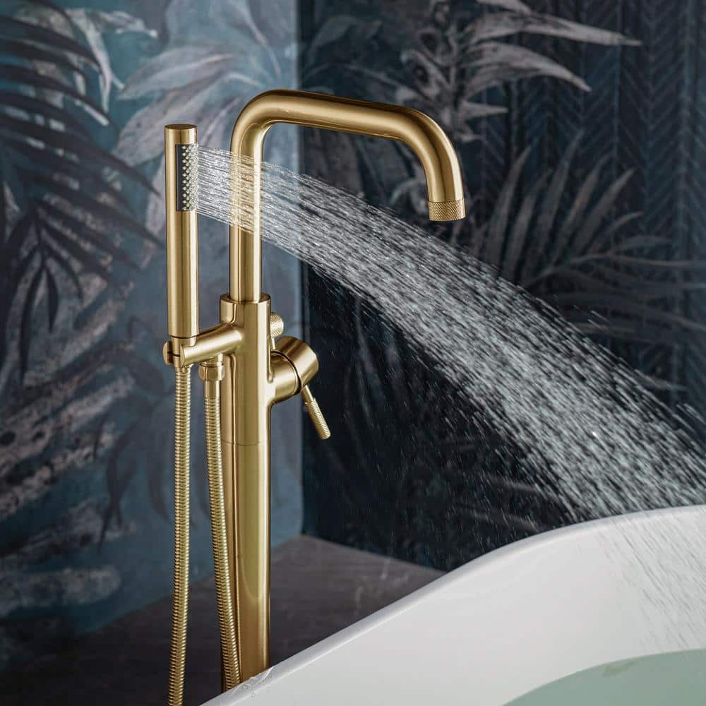 Brushed Gold Thermostatic Floor Tub Filler with Hand Shower