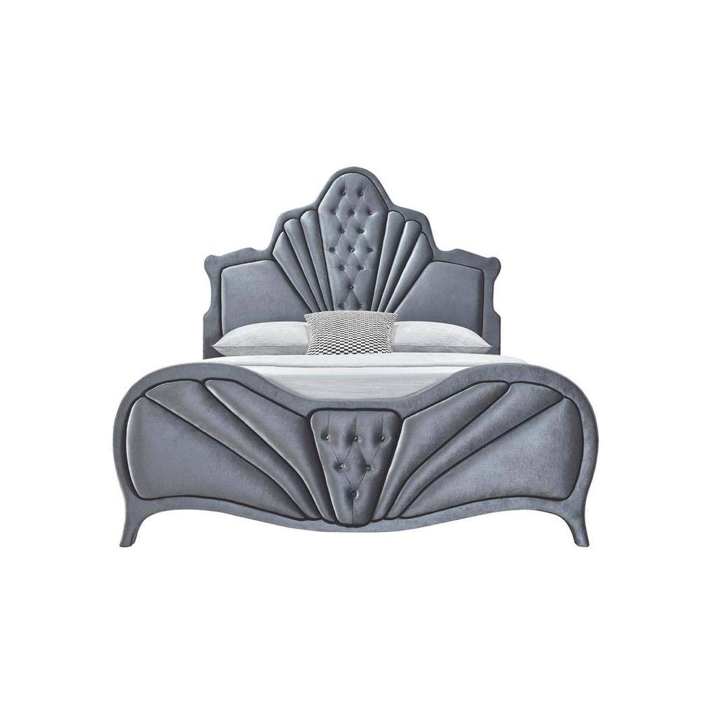 Gray Velvet Queen Platform Bed with Tufted Headboard and Storage Drawer
