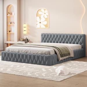 Upholstered Gray Wood Frame Queen Platform Bed with Headboard