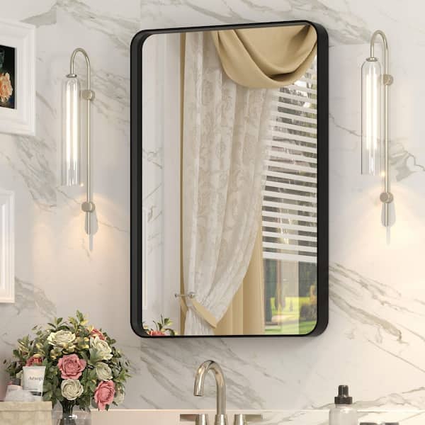 16 in. W x 24 in. H Rectangular Aluminum Alloy Framed and Tempered Glass Wall Bathroom Vanity Mirror in Matte Black