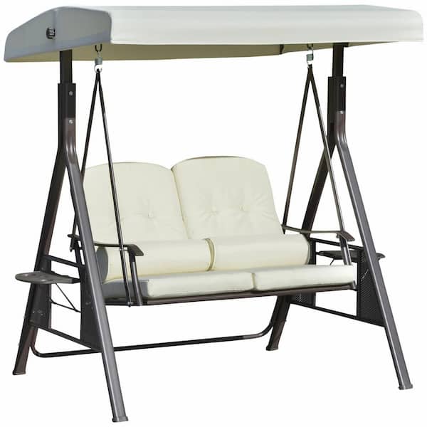 FORCLOVER 61 in. W 2-Person Black Metal Patio Swing with Adjustable Shade, White Soft Cushions, Throw Pillows and Tray
