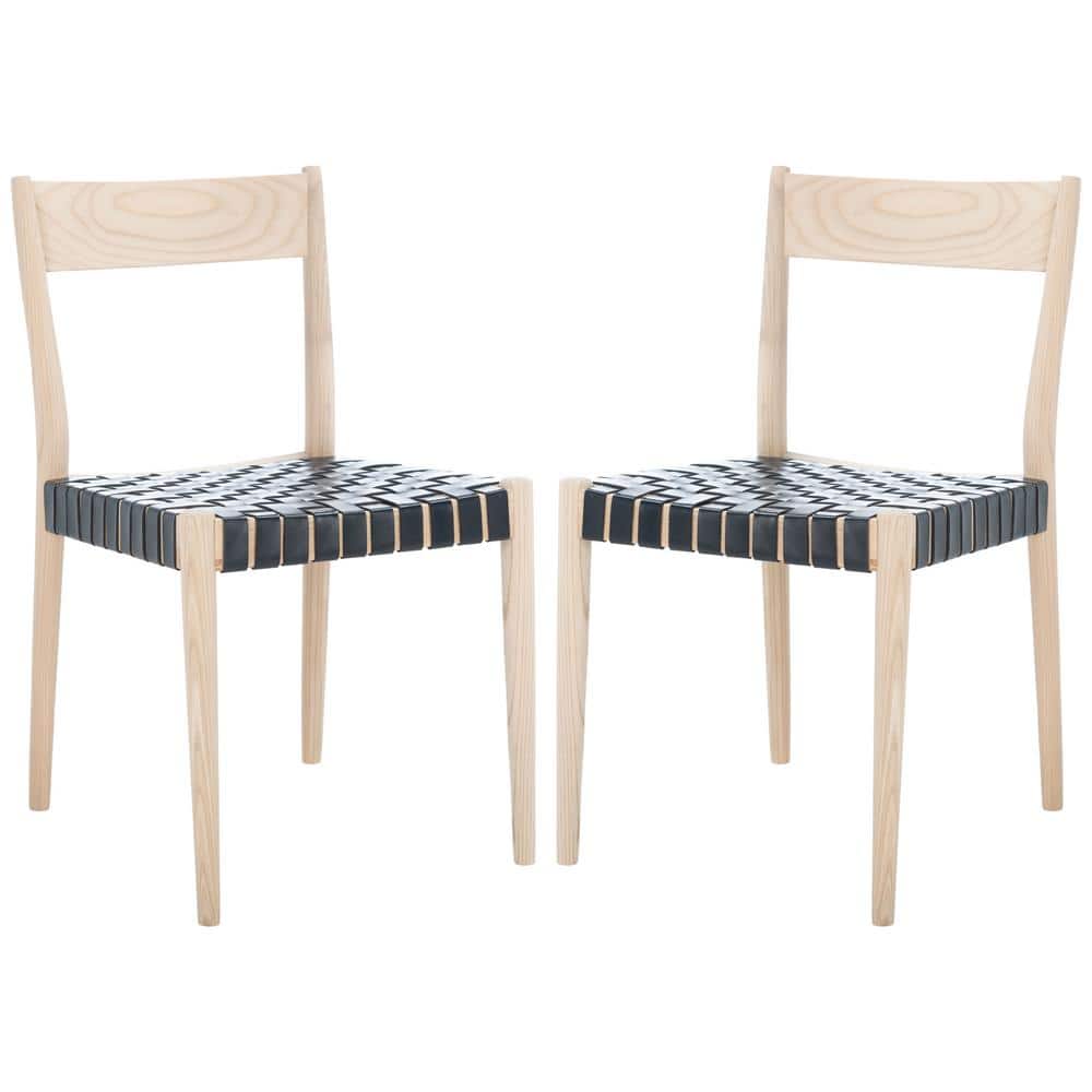 Modern Black Leather and Natural Wood Side Chair Set