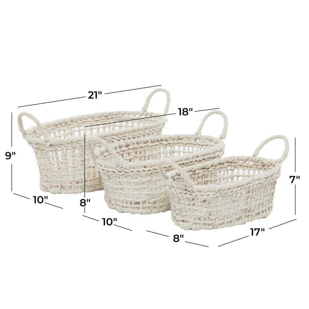 Bohemian White Cotton Rope Oval Storage Baskets - Set of 3