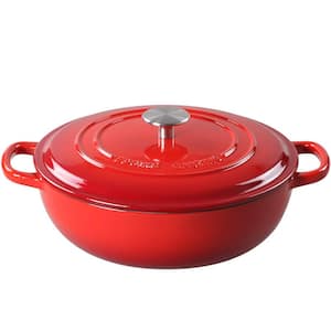 3.8 qt. Enameled Cast Iron Smooth Porcelain Glaize Braiser in Red Nonstick with Lid and Dual Large Ergonomic Handles
