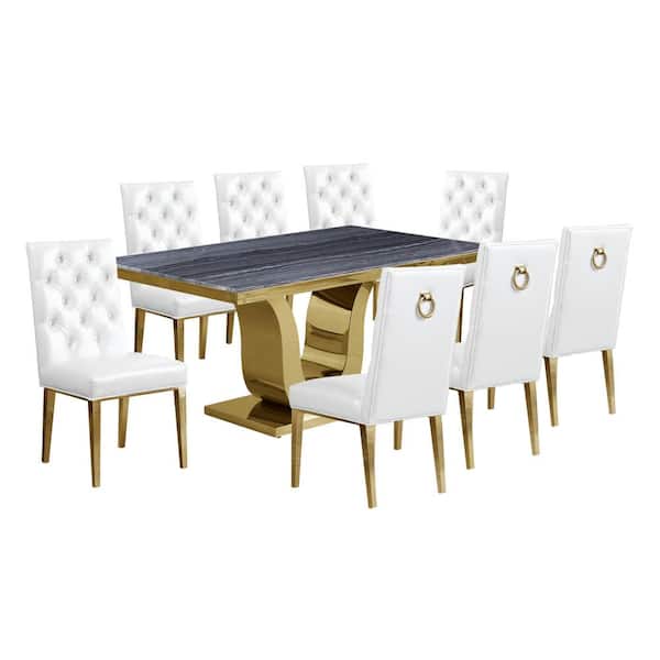 Best Quality Furniture Rogelio 9-Piece Gray Marble Top with Gold Stainless Steel Base with 8-White Faux Leather Chair with Gold Legs