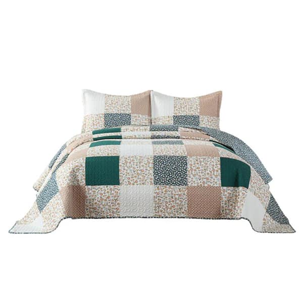 MarCielo 3-Piece Brown/Multi Vintage Style Holiday Bedding Handcrafted Patchwork Cotton Queen Quilt Bedspread Set