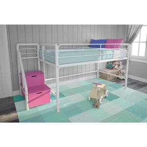 Andy Junior White/Pink Twin Loft Bed with Storage Steps