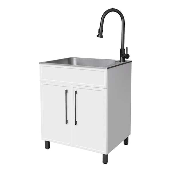 W28 in. X D22 in. Stainless Steel Drop-In Laundry Sink with Cabinet with Faucet in Matte White