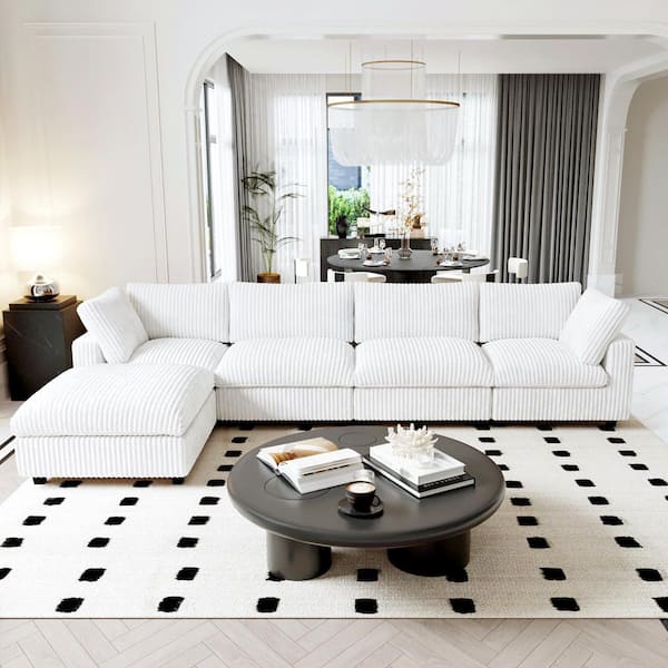 Magic Home Lawson Cloud Couch 157 in. Square Arm Faux Rabbit Fur Velvet Modular Sofa with Ottoman, Washable Covers in. White