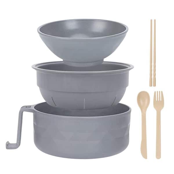 3-Piece Gray Wheat Straw Microwave Ramen Cooker Bowl with Chopsticks and Spoon, Dishwasher-Safe, BPA-Free