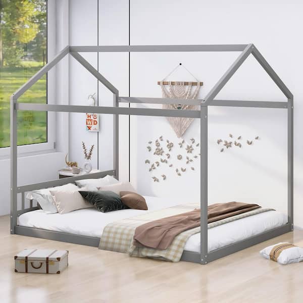 Gray Wood Frame Queen Size Platform Bed with Headboard